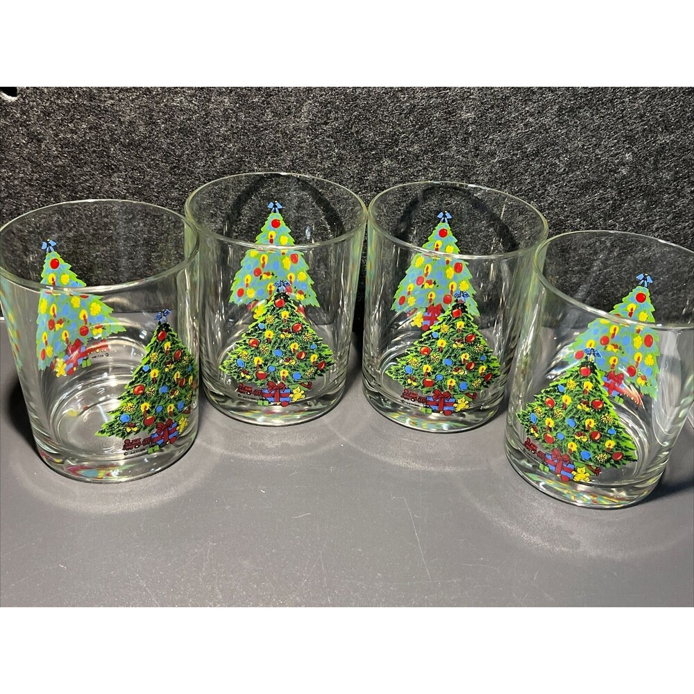 VTG 4 Action 1980s‎ Christmas Tree Holiday Barware 14oz. Old Fashioned Glasses